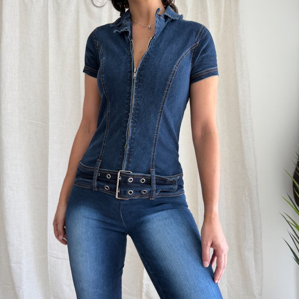 Vintage Y2K Denim Jumpsuit Medium Flare Low Rise Belted Zip Front Britney JLo - Picture 3 of 12